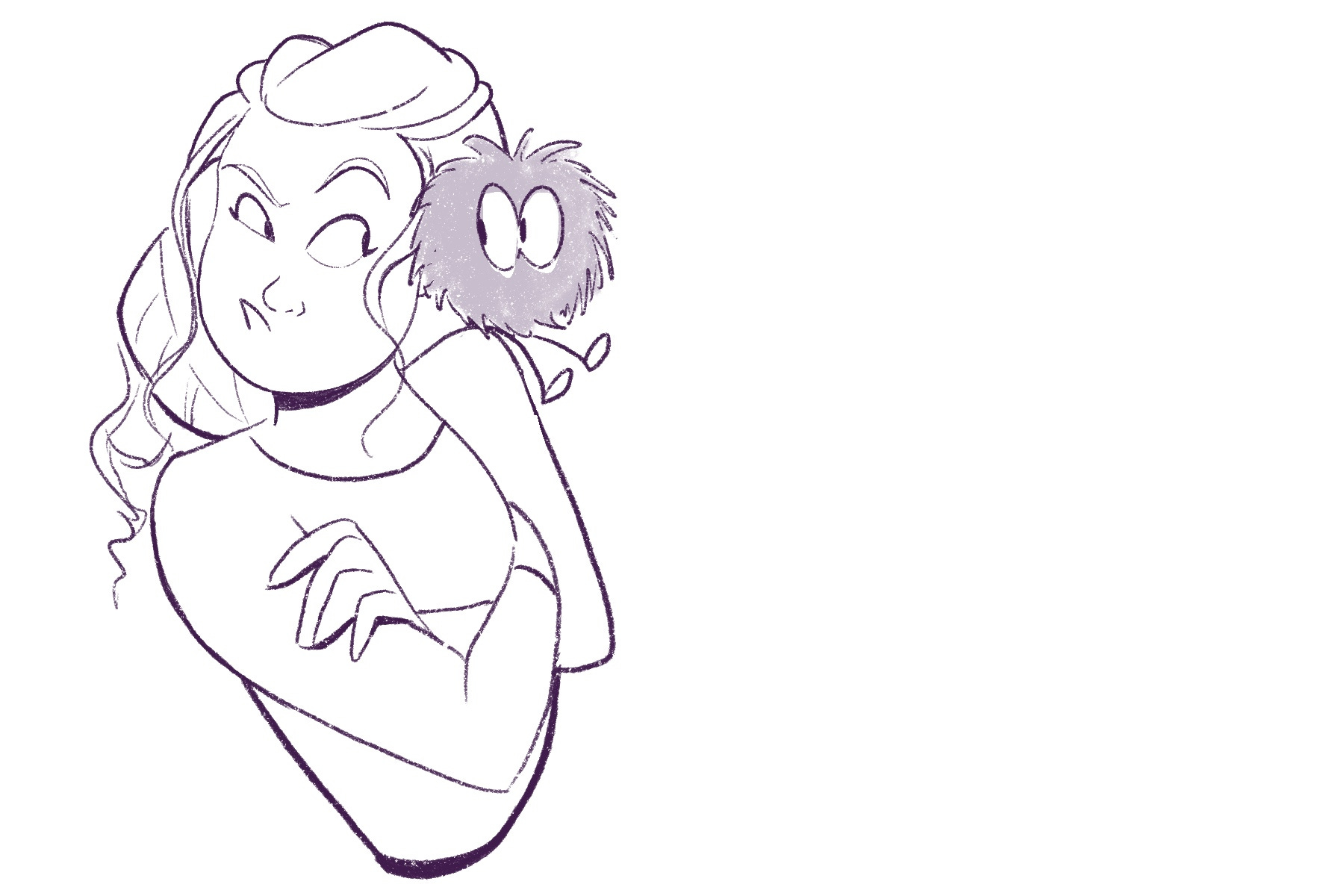 fuzzball perches on girl's shoulder, girl looks suspicious