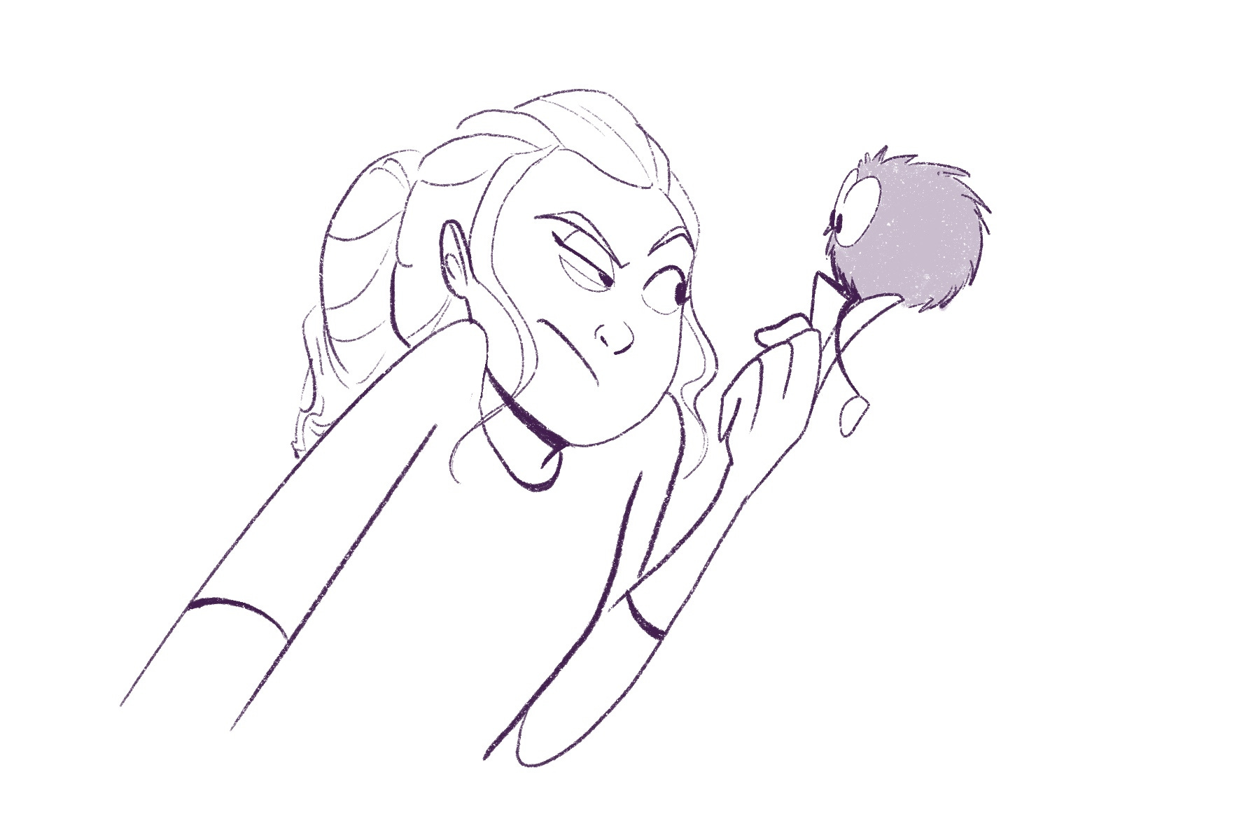 girl with angry expressions, holds fuzzball on her finger tip