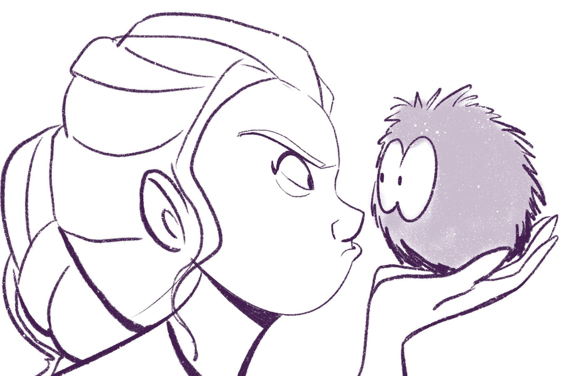 girl holds fuzzball close to her face, glowers at it