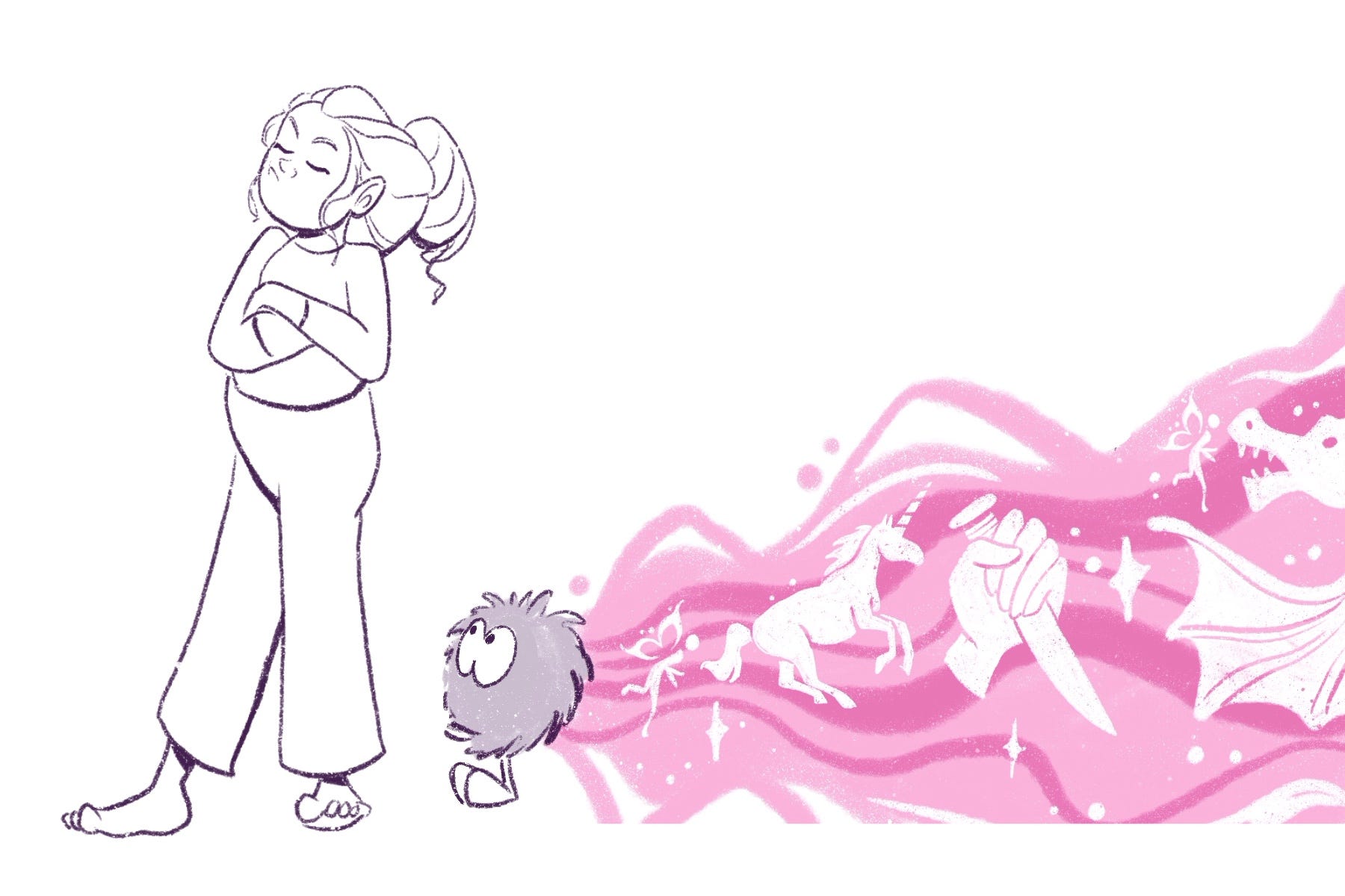 girl turns away from fuzzball, arms crossed - fuzzball looks up at her with magic trailing behind it