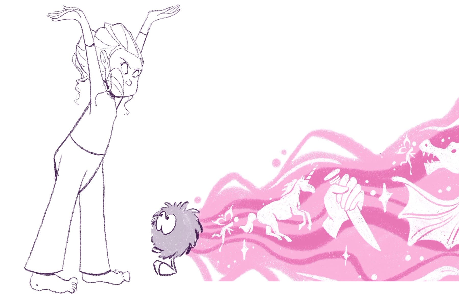 girl throws up arms, shouting at fuzzball