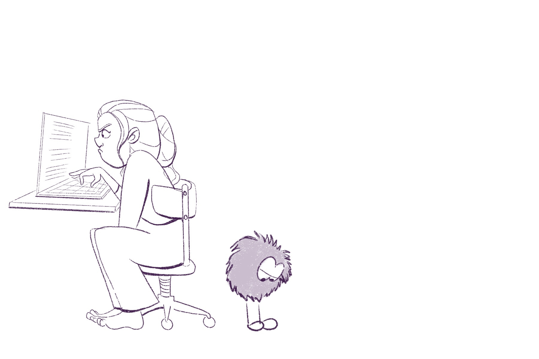 girl sits at computer, back to fuzzball who looks sad