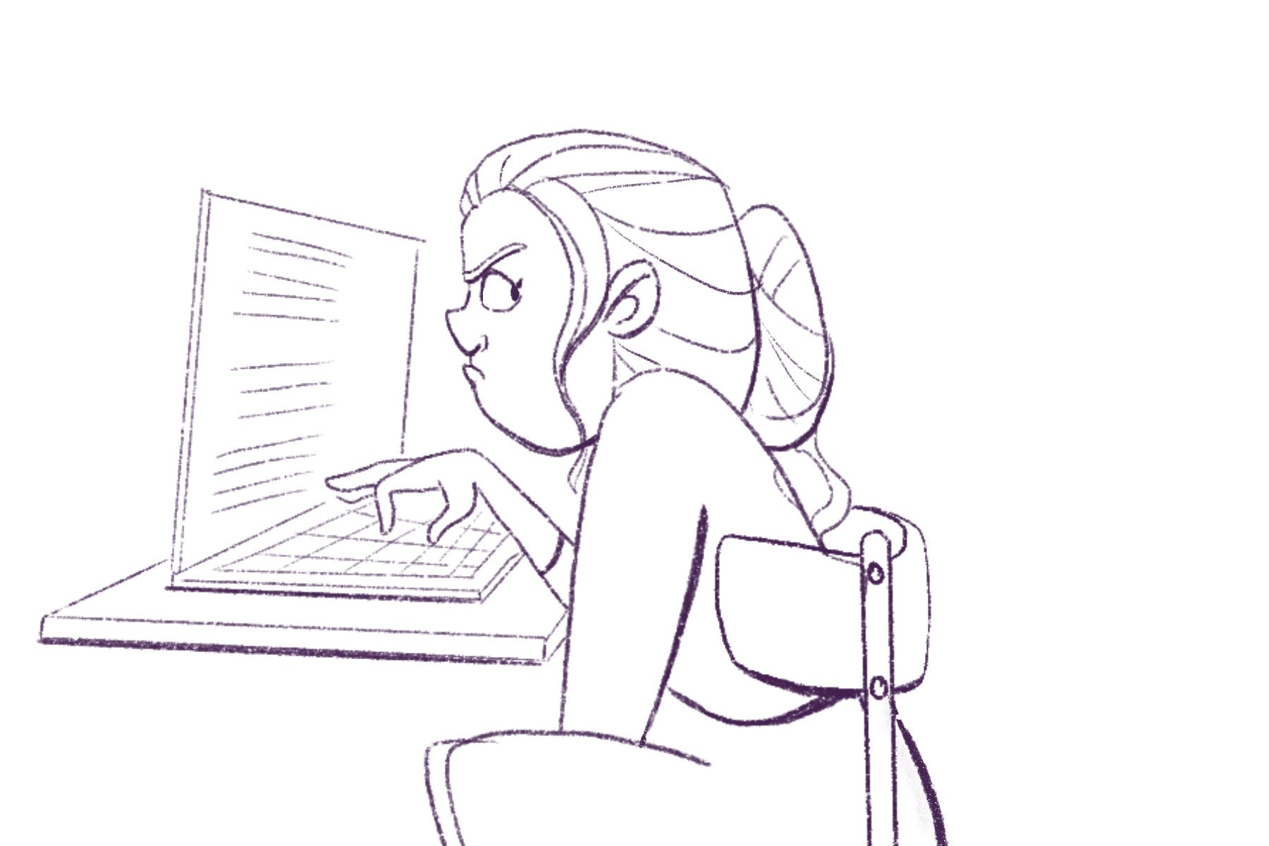 Girl sits at computer, eyes shift behind her to check on fuzzball